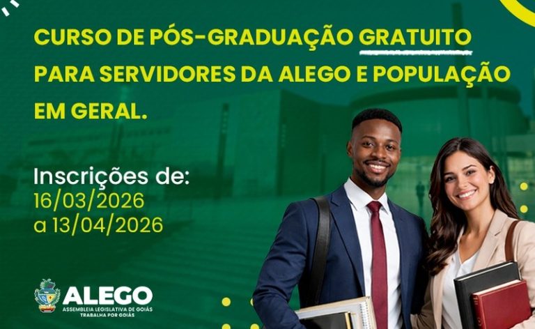 Inscrições abertas para pós-graduação em Poder Legislativo da Alego com 60 vagas e bolsas integrais; prazo vai até 13 de abril de 2026.